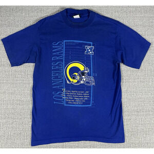 Vintage 1993 Los Angeles Rams Blue T-Shirt Helmet Fact Sheet Home Team Sz Large